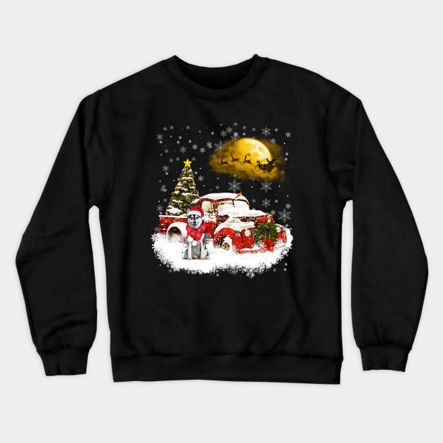 Red Truck Xmas Tree Husky Christmas Crewneck Sweatshirt by Benko Clarence